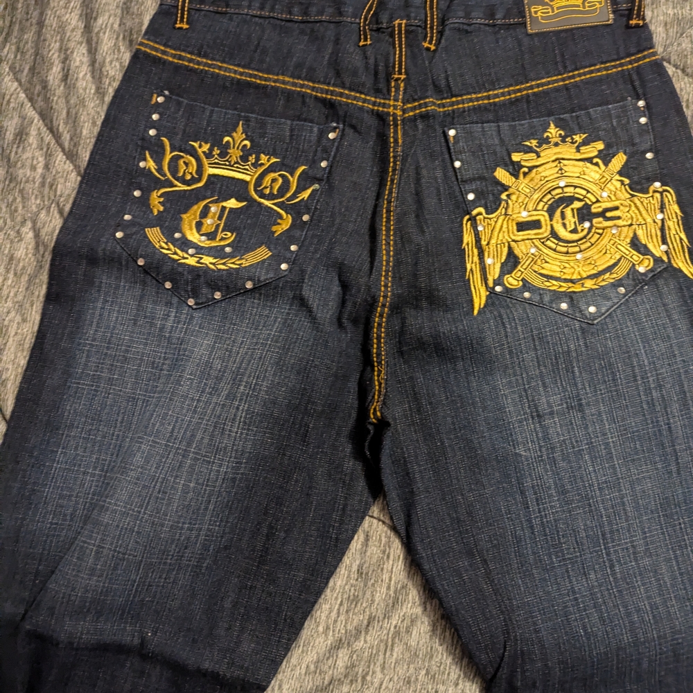 Ed Hardy Blue Jeans with Gold Embroidery